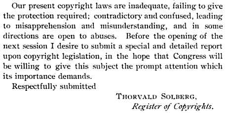 Thorvald Solberg recommendation for copyright law revision.